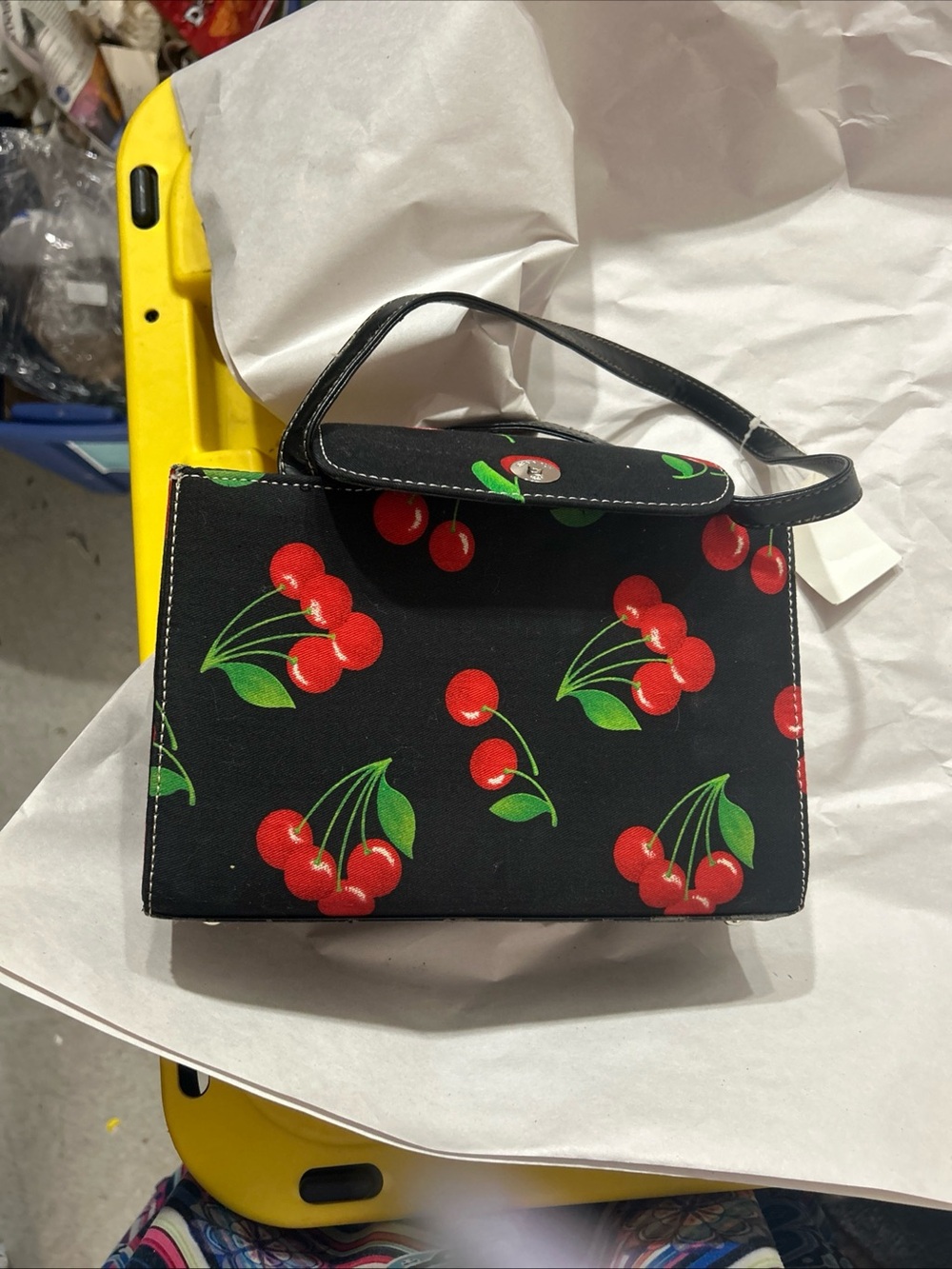 Cherry-Print Black Top-Handle Women's Bag